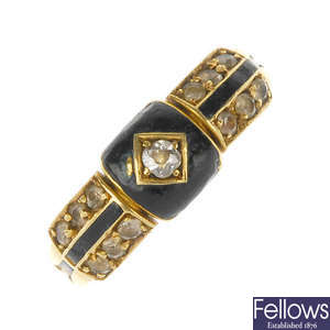 A late Victorian 18ct gold diamond and enamel memorial ring.