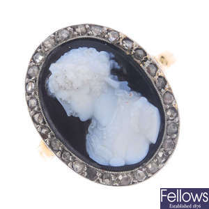 A diamond and hardstone cameo ring.