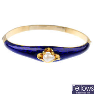 An enamel and cultured pearl hinged bangle.