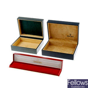 A group of assorted watch boxes. Approximately 15.