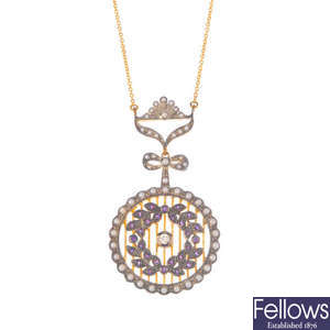 A diamond and gem-set pendant, on chain.