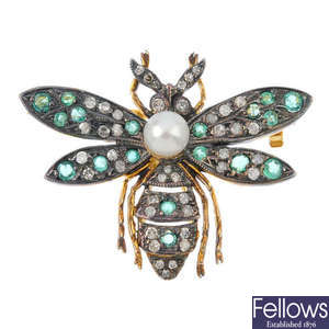 A diamond cultured pearl and emerald fly brooch.