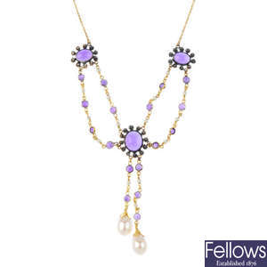 A cultured pearl amethyst and seed pearl necklace.