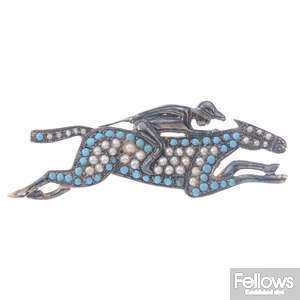 A diamond, split pearl and turquoise racing horse brooch.