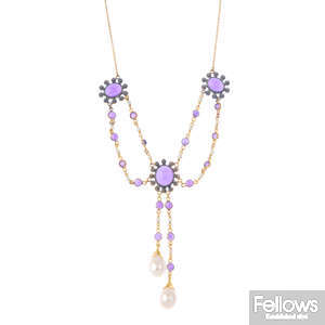An amethyst and cultured pearl negligee necklace.