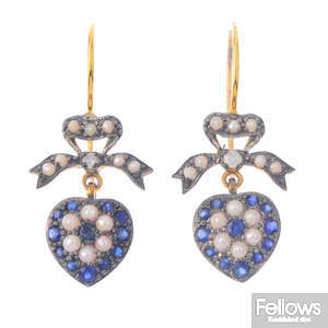A pair of diamond, split pearl and sapphire earrings.