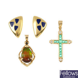 Two pairs of gem-set earrings and two gem-set pendants.