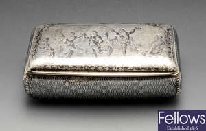 A 19th century French export silver snuff box with niello decoration.