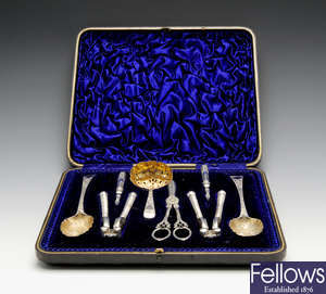Cased George III silver berry spoons and sifter spoon, Victorian silver grape spoons, etc.