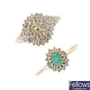 Three 9ct gold diamond and emerald cluster rings.