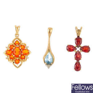 Five gem-set pendants and three pairs earrings.