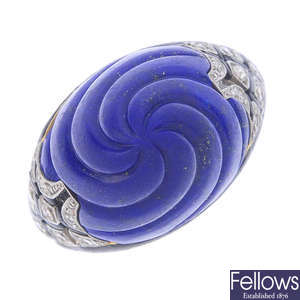 BOUCHERON - an Art Deco, platinum and gold, lapis lazuli, diamond and enamel ring.