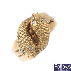 A 1970s 9ct gold diamond snake ring.