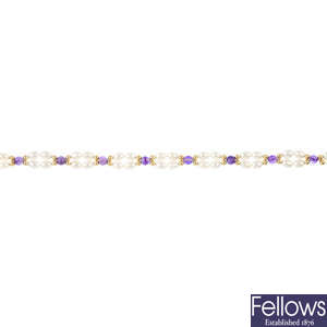A cultured pearl and amethyst bracelet.