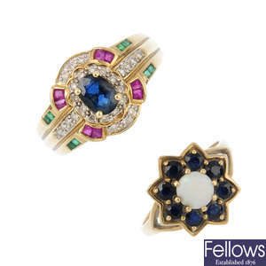 Four 9ct gold gem-set and diamond rings.