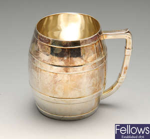 A Victorian silver pint mug modelled as a barrel.