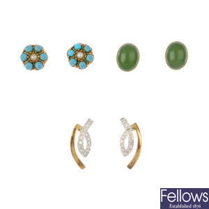 Six pairs of diamond and gem-set earrings.