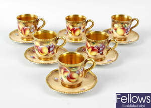Six Royal Worcester porcelain fruit-painted coffee cups and six saucers by Roberts