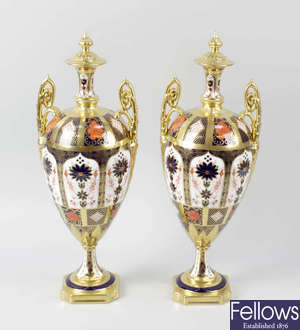 An impressive boxed pair of Royal Crown Derby porcelain Imari pattern vases