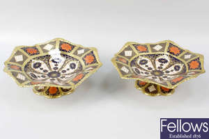 A good pair of Royal Crown Derby porcelain Imari pattern pedestal dishes