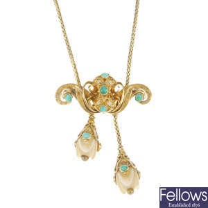 A mid Victorian gold, ivory and turquoise memorial necklace.