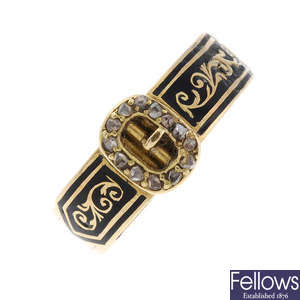 A late Victorian 18ct gold enamel and diamond hinged hair panel memorial ring.