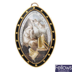 A George III gold, enamel, seed pearl and hair memorial brooch.
