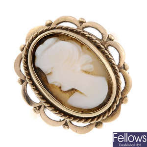 A 9ct gold cameo ring and cameo stickpin.
