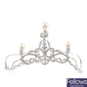 A diamond and cultured pearl convertible tiara necklace.