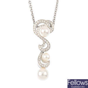 MIKIMOTO - an 18ct gold cultured pearl and diamond 'Laguna' pendant.
