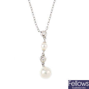MIKIMOTO - an 18ct gold cultured pearl and diamond pendant, on chain.