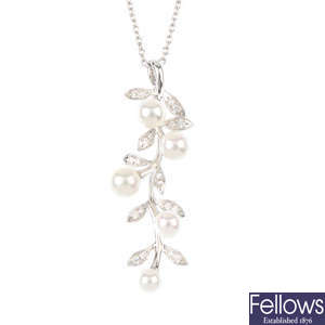MIKIMOTO - an 18ct gold cultured pearl and diamond 'Olive' pendant, with chain.