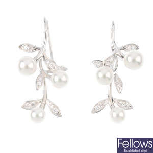 MIKIMOTO - a pair of 18ct gold, cultured pearl and diamond 'Olive' earrings.