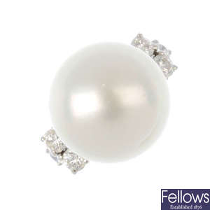 A cultured pearl and diamond ring.