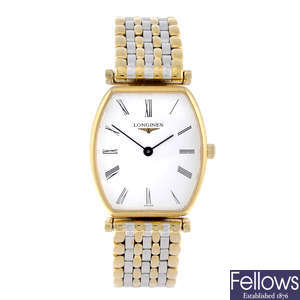LONGINES - a lady's gold plated Les Grande Classique bracelet watch.
