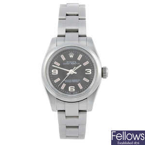 CURRENT MODEL: ROLEX - a lady's stainless steel Oyster Perpetual bracelet watch