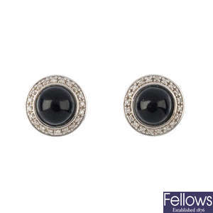 A pair of 18ct gold onyx and diamond earrings.