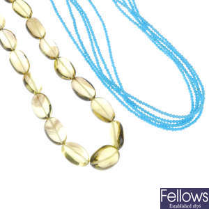 A tourmaline bracelet, a quartz necklace and a treated turquoise necklace.