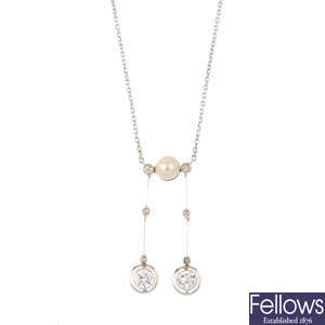 A cultured pearl and diamond pendant, on chain.