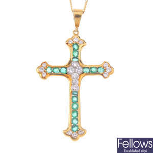 A diamond and emerald cross pendant, with 9ct gold chain.