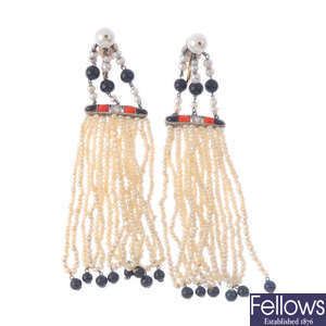 A pair of Art Deco coral, onyx, diamond and seed pearl earrings.