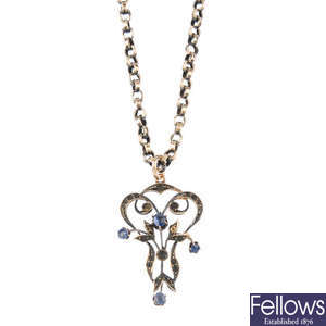 A sapphire pendant and chain.