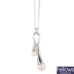 A set of 9ct gold cultured pearl and diamond jewellery.