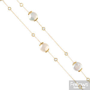 An 18ct gold cultured pearl and topaz necklace.