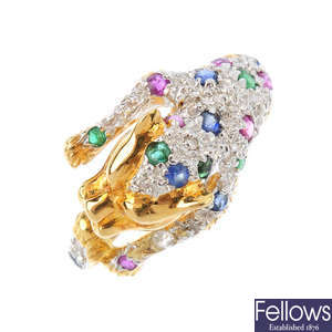 An 18ct gold diamond and gem-set leopard ring.