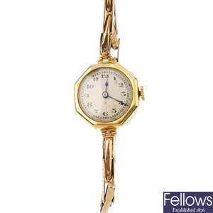 A lady's 1920s 18ct gold manual wind wrist watch.