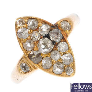 A late Victorian 15ct gold diamond ring.