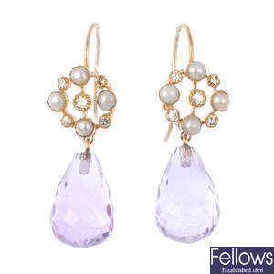 A pair of diamond split pearl and amethyst earrings.