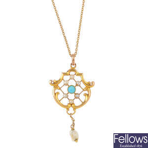 An early 20th century 9ct gold gem-set pendant, with chain.