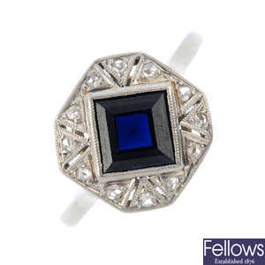 An Art Deco sapphire and diamond dress ring. 